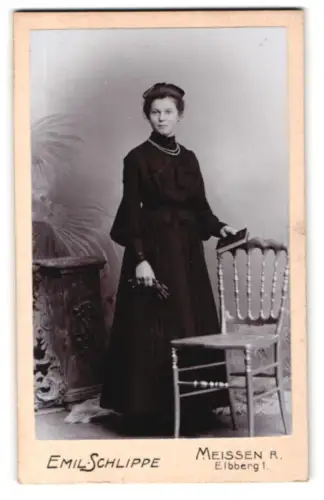 Fotografie Emil Schlippe, Meissen, Elbberg 1, Dame in elegantem Kleid
