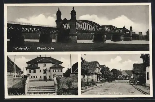 AK Wintersdorf, Rheinbrücke, Schulhaus mit Kindergarten, Strasse