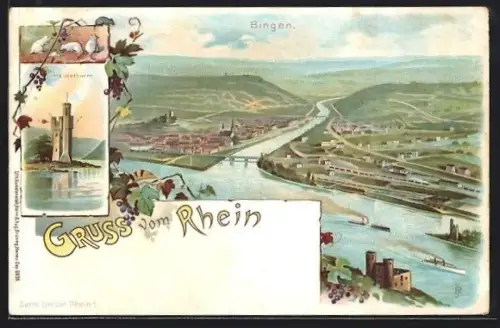 Lithographie Bingen, Gesamtansicht, Mäuseturm