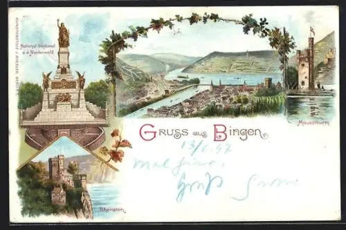 Lithographie Bingen, Niederwalddenkmal, Mäuseturm, Rheinstein