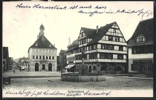 AK Schorndorf, Marktplatz mit Brunnen und Fachwerkhäusern