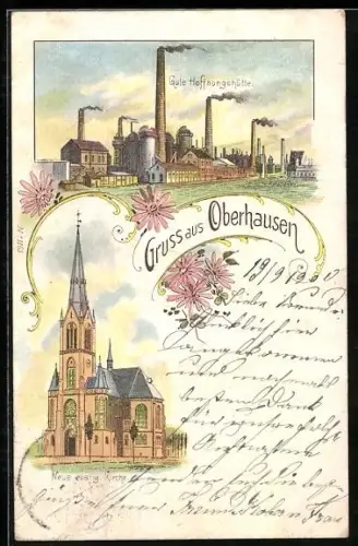 Lithographie Oberhausen, Neue evang. Kirche, Blick zur Guten Hoffnungshütte