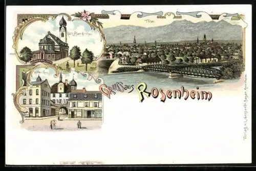 Lithographie Rosenheim, Totalansicht, Mitter-Tor und katholische Pfarrkirche