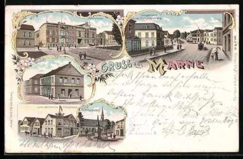 Lithographie Marne, Kirche und Krieger-Denkmal, Königstrasse von der Deichstrasse aus, Ecke der Schul- & Süderstrasse