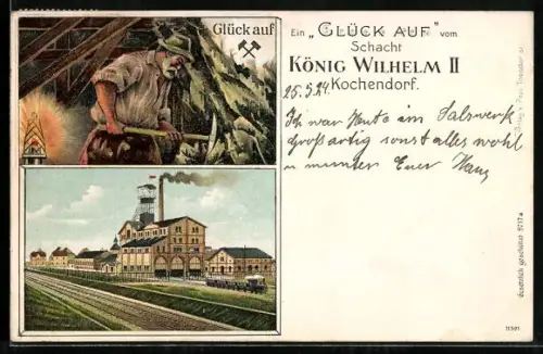 Künstler-AK Kochendorf, Salzbergwerk, Schacht König Wilhelm II. mit Eisenbahn, Bergarbeiter mit Hacke