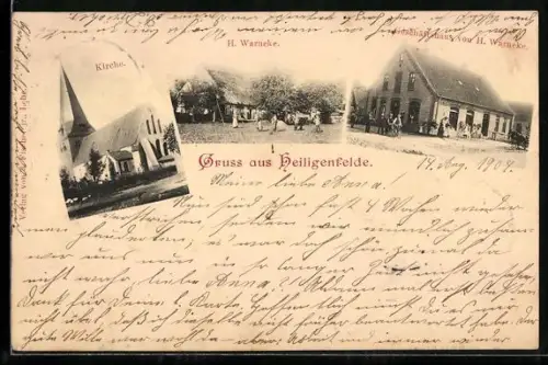 AK Heiligenfelde, Gasthaus von H. Warneke, Geschäft von H. Warneke, Kirche