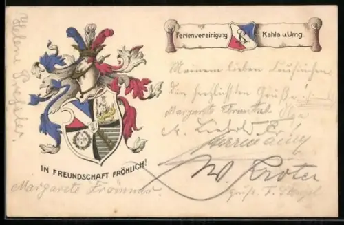 AK Kahla, Wappen der Ferienvereinigung Kahla u. Umg. mit Zirkel, In Freundschaft fröhlich