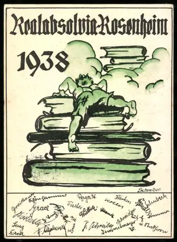 AK Rosenheim, Realabsolvia 1938, Schüler klettert auf einen Stapel Bücher