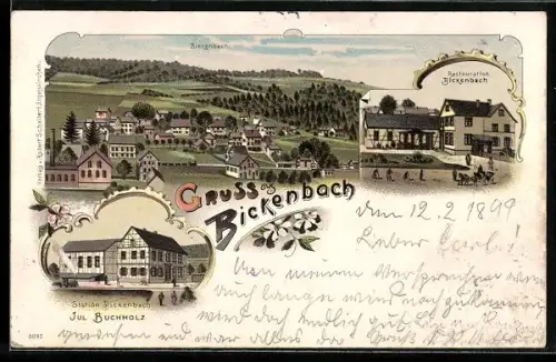 Lithographie Bickenbach, Restaurant Bickenbach, Bahnhof und Totalansicht