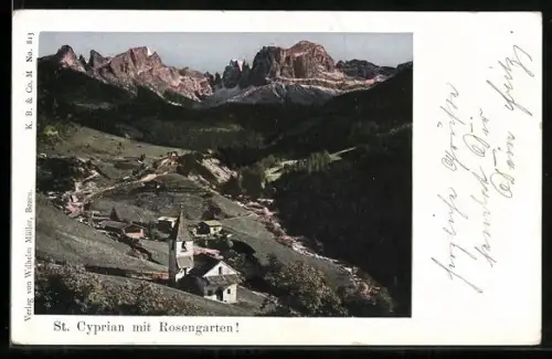 AK St. Cyprian, Ortspartie mit Kirche und Rosengarten