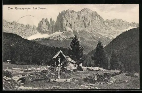 AK Bozen, Der Rosengarten, Wegkreuz mit Bergpanorama