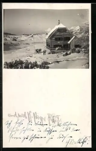 AK Bergheim a. d. Tauplitzalm, Hütte in schneebedeckter Landschaft, dem akademischen Turnverein Graz gehörend