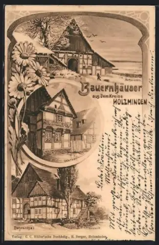 Lithographie Holzminden, Bauernhäuser in Dehnsen, Werder und Dehnsenthal