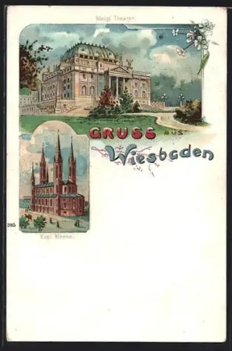 Lithographie Wiesbaden, Königl. Theater, evgl. Kirche