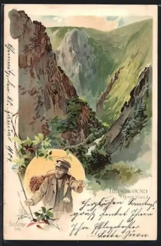 Lithographie Thale, Hirschgrund, Böhmthal, Gebirgslandschaft