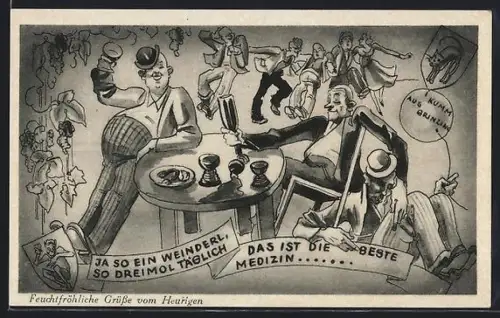 Künstler-AK Grinzing, Betrunkene im Heurigen