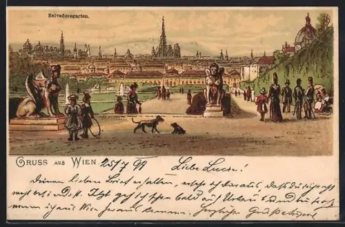 Lithographie Wien, Kinder und Hunde im Belvederegarten