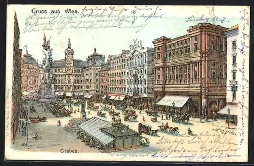 Lithographie Wien, Graben mit Pferdebahn