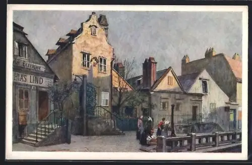 Künstler-AK Wien, Ratzenstadel, Gassenansicht mit Geschäft Lind