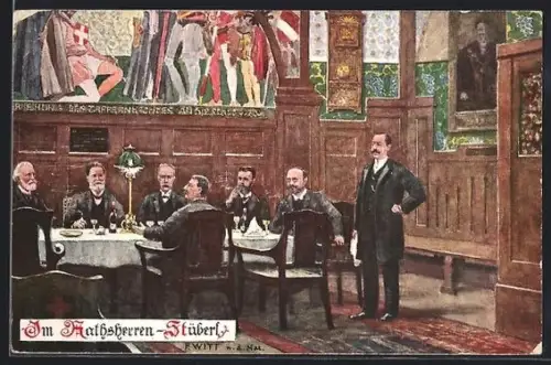 Künstler-AK Wien, Im Rathsherren-Stüberl, Herrenrunde im Gastraum