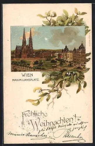 Lithographie Wien, Der Maximiliansplatz, Passepartout mit Mistelzweig