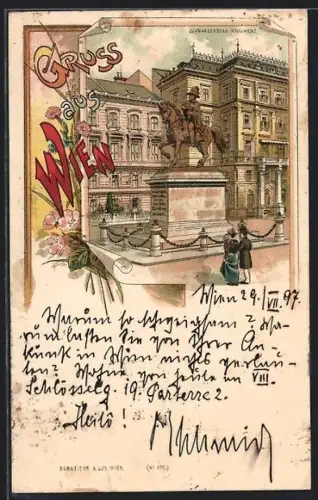 Lithographie Wien, Schwarzenberg Monument mit Passanten