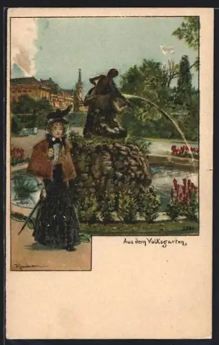 Lithographie Wien, Volksgarten, Brunnen mit Teich
