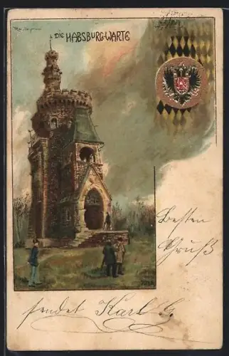 Lithographie Wien, Hermannskogel, Habsburg-Warte, Wappen