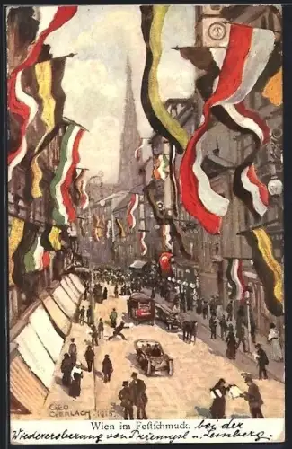 Künstler-AK Wien, Strassenpartie im Festschmuck