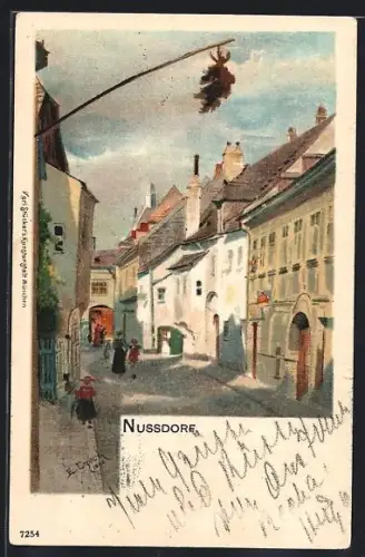 Lithographie Wien, Nussdorf, Strassenansicht mit Häusern