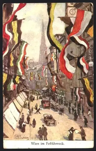 Künstler-AK Wien, Strassenpartie im Festschmuck, Fahnen und Passanten