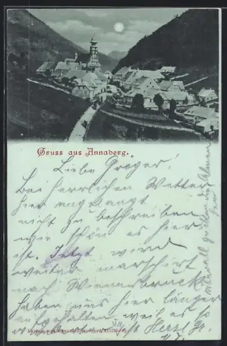 Mondschein-AK Annaberg, Talansicht mit Kirche und Häusern