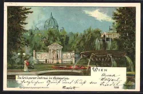 Lithographie Wien I, Griilparzer Denkmal im Volksgarten