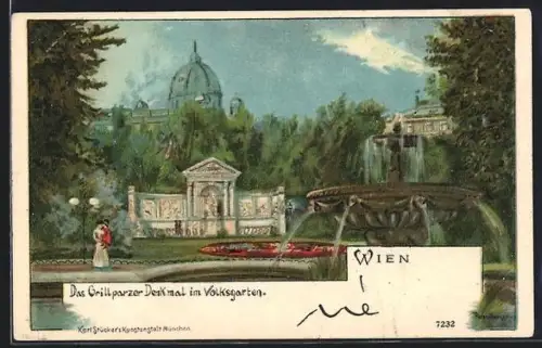 Lithographie Wien, Grillparzer Denkmal im Volksgarten