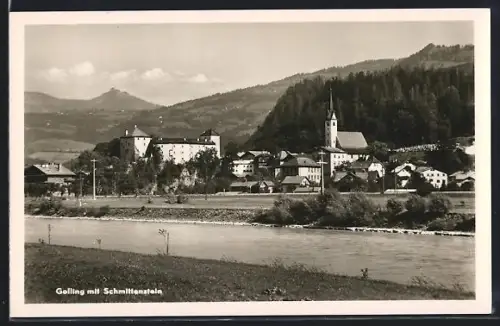 AK Golling, Uferpartie mit Kirche und Schmittenstein