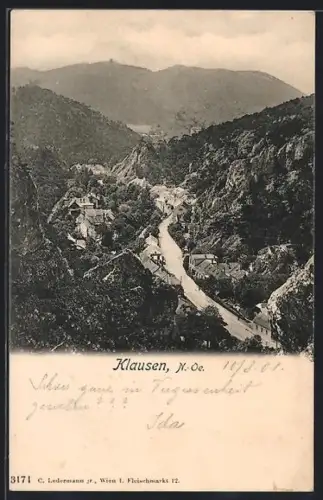 AK Klausen /N.-Ö., Talansicht mit Bergpanorama