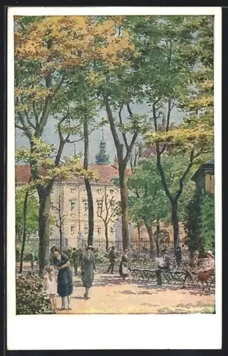 Künstler-AK Wien, Volksgarten mit Spaziergängern