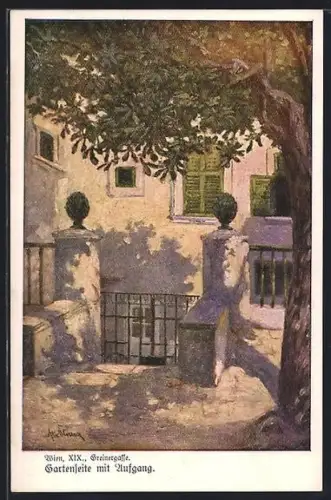Künstler-AK Wien, Greinergasse, Gartenseite mit Aufgang