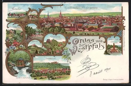 Lithographie Kaiserslautern /Westpfalz, Fruchthalle, Landstuhl, Falkenstein