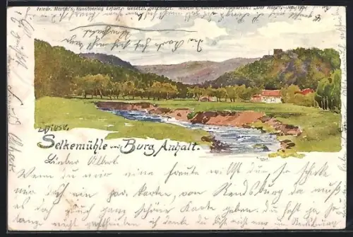 Lithographie Selkemühle, Selkemühle und Burg Anhalt