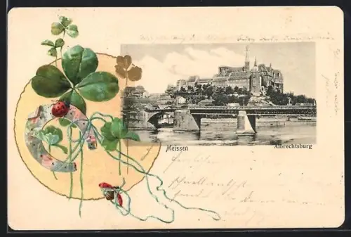 Präge-AK Meissen, Albrechtsburg, Klee mit Hufeisen