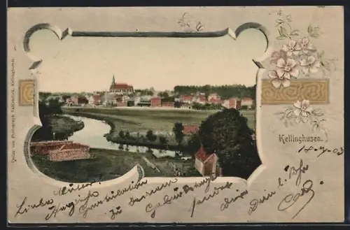 AK Kellinghusen, Ortsansicht mit Kirche und Fluss