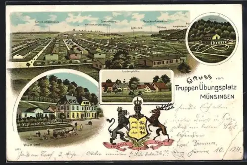 Lithographie Münsingen, Hardt Hotel, Truppenübungsplatz, Mannschaftsbaracken, Wappen