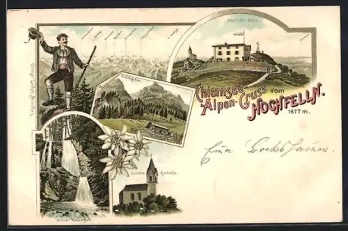 Lithographie Hochfelln, Hochfellnhaus, Kirchlein, Wasserfall