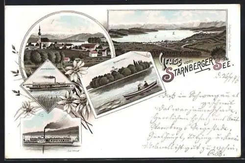 Lithographie Starnberg, Starnberger See, Dampfer Luitpold und Wittelsbach, Roseninsel