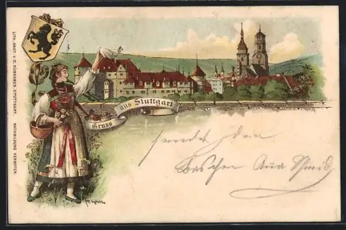 Lithographie Stuttgart, Ortsansicht mit Kirche, Wappen