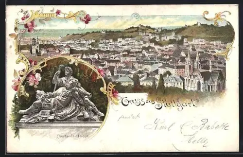 Lithographie Stuttgart, Ortsansicht aus der Vogelschau, Eberhards-Gruppe