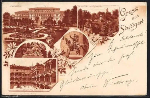 Lithographie Stuttgart, Stadtgarten, Hof d. alten Schlosses, Eberhard Denkmal