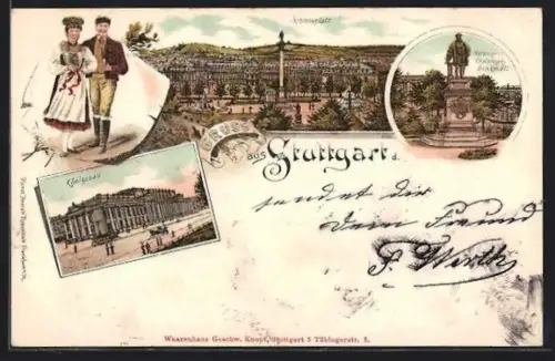 Lithographie Stuttgart, Schlossplatz, Königsbau, Herzog Christoph Denkmal