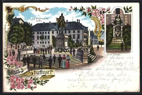 Lithographie Stuttgart, Kaiser-Wilhelms-Denkmal, Kgl. Ministerium des Innern, Gerok-Denkmal